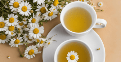 Una taza de té de manzanilla con flores de manzanilla al lado
