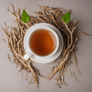 Una taza de té de ashwagandha con raíces de la planta